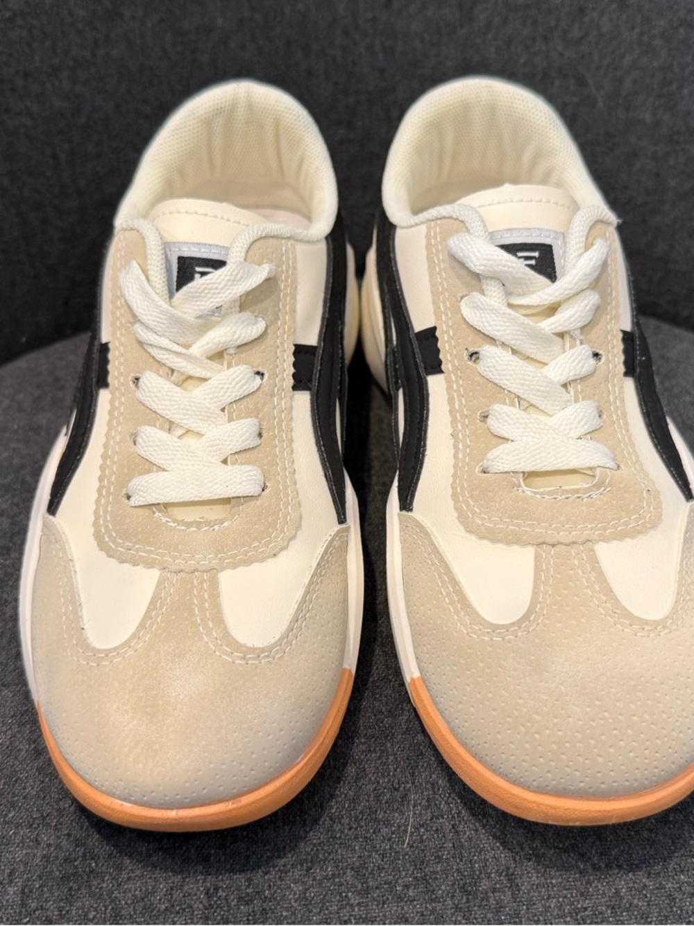 Kids Neutral Beige and Black Sneakers with Gum Sole